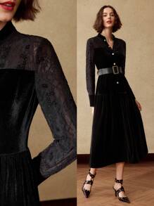 MOTF PREMIUM فستان مع شق في الرقبة والذيل المنتفخ بلا حزام، وإدراج من الدانتيل المخملي