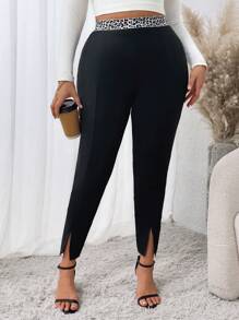 SHEIN Clasi Plus Size Women High Waist Leopard Print Splicing Slit Leggings - Black - View 1