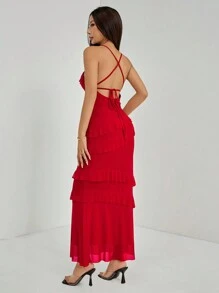 SHEIN PETITE Vestido largo rojo con volantes en la espalda y espalda descubierta