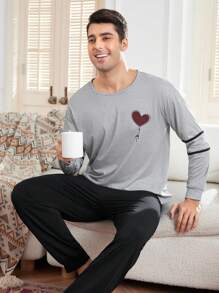 Manfinity Men's Heart Print Contrast Striped Long Sleeve & Pants Pajama Set - Light Grey - View 6