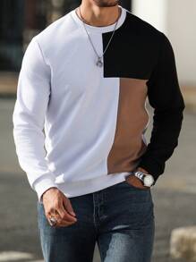 Manfinity Hypemode Men's Crew Neck Long Sleeve Solid Color Patchwork Casual Sweatshirt
