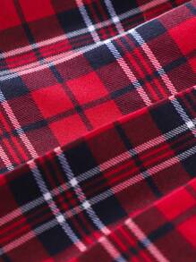 Set de 2 piezas Blusa de manga larga acanalada roja y falda a cuadros rojos para niñas preadolescentes, apto para Navidad - Rojo - Ver 5