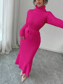 Elenzga Women's Turtleneck Fashionable Bohemian Classic Cable Knit Mermaid Hem Sweater Dress For Holidays & Vacation, Autumn/Winter