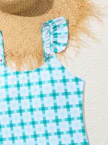 Traje de baño informal de una pieza con estampado de cuadros y ribete de volantes para chica adolescente
