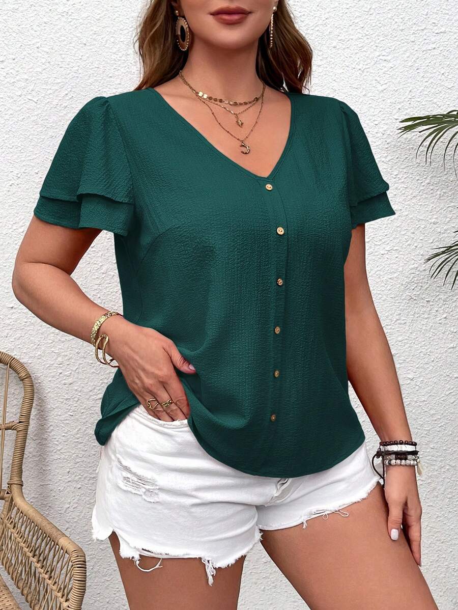 SHEIN VCAY Áo cánh tay bèo cổ chữ V cỡ lớn đi nghỉ - Màu xanh lá cây đậm - Xem 1