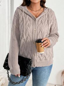 SHEIN LUNE Plus Size Solid Color Front Button Long Sleeve Minimalist Hooded Sweatshirt, Casual For Daily Wear - Khaki - View 6