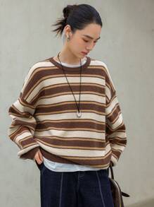 Dazy-Less Suéter de punto con bordado de letras y rayas de color contrastante, ropa de otoño para mujer - Marrón - Ver 12