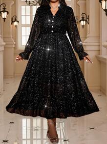 Allurite Đầm buộc eo cổ chữ V họa tiết ngôi sao gợi cảm, sang trọng, lãng mạn kiểu Pháp cỡ lớn - màu đen - Xem 8