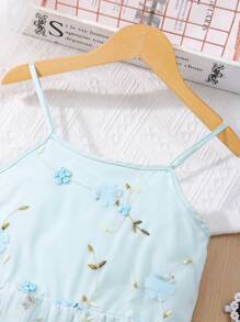 Tween Girls Spaghetti Strap Mesh Contrast Simple Casual Dress - Teal Blue - View 3