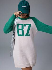 Flirla Women's Solid Color Patchwork Round Neck Long Sleeve Minimalist Casual Knit Sweater Dress With Digit Pattern Details