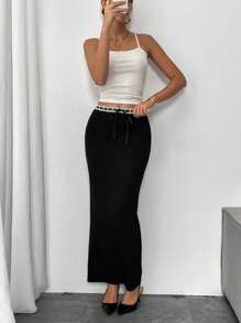 SHEIN Essnce Falda larga entallada de corte sirena de color negro con bloqueo de colores, cinturilla de encaje, estilo casual de moda de los 90, para salir, ideal para otoño y primavera, ropa de mujer para Navidad