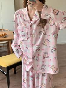 DAZY Cute Plaid & Cartoon Full Print Pajama Set - Pink - View 4