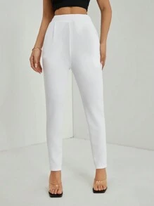 SHEIN PETITE Solid Plicated Detail Skinny Black Pants - White - View 7