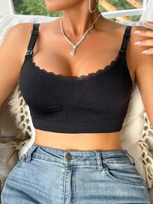 Moonlight&Mama 孕妇纯色蕾丝拼接简约文胸，休闲日常穿着 - 黑色 - 查看 1