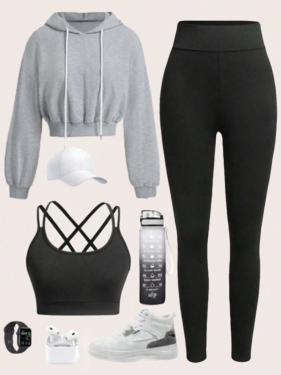 Easithlete 1 bộ Áo hoodie rút dây trơn kèm quần legging Bộ đồ thể thao Áo hoodie tập luyện cho nữ Bộ đồ tập luyện cho nữ - Nhiều màu - Xem 1