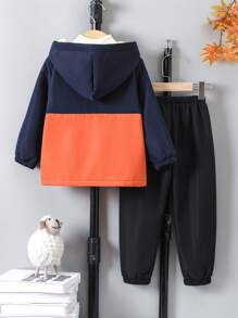 2pcs Boys Autumn/Winter Letter Print Color Block Zipper Hoodie Jacket And Pants Set - Multicolor - View 2