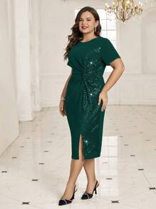 SHEIN Clasi 大码时尚派对纯色亮片拼接扭纹紧身连衣裙