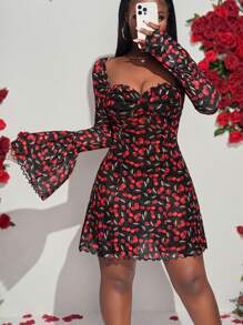 Slaydiva Váy ngắn tay dài bằng vải jacquard nhung bán trong suốt gợi cảm dự tiệc thanh lịch - Nhiều màu - Xem 3