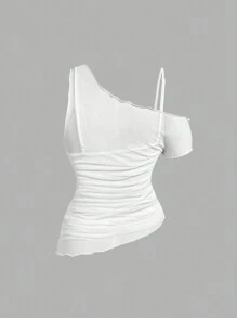 SHEIN MOD Plus Size Asymmetric Hem Floral Embroidered Elastic Mesh Blouse For Women, Fall Women Outfits, Party Wear For Women, Three-Dimensional Flowers, Casual Solid Color Boat Neck Bell Sleeve Ruched Waist Versatile T-Shirt, Tops With Sleeves, New Year,Valentine