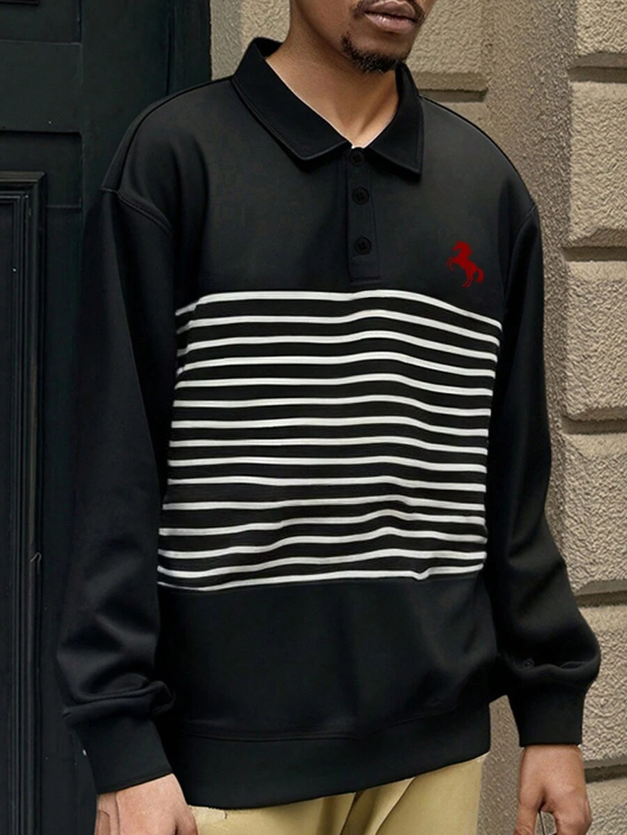 Manfinity Dauomo Striped Graphic Print Men Golf Long Sleeve Polo Shirt, Casual Style - Multicolor - View 1