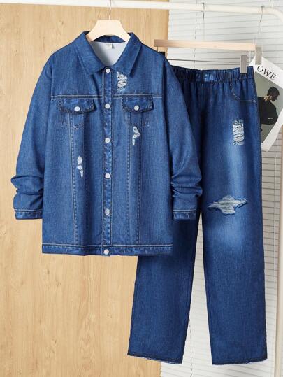 SHEIN Leap Crew 青少年男孩 2 件套休闲百搭时尚宽松长袖牛仔效果夹克裤子套装返校节文艺复兴秋季服装机场酒会秋冬