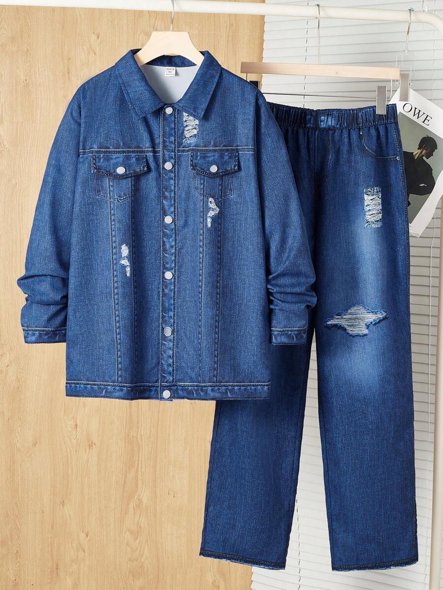 SHEIN Leap Crew 青少年男孩 2 件套休闲百搭时尚宽松长袖牛仔效果夹克裤子套装返校节文艺复兴秋季服装机场酒会秋冬 - 彩色 - 查看 1