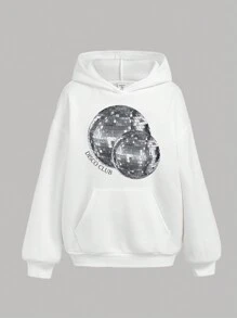 SHEIN Bộ 2 món áo nỉ trùm đầu in họa tiết màu trơn dành cho bé gái tuổi teen và quần ống loe bó sát, phong cách thường ngày dành cho bé gái tuổi teen - Đen và trắng - Xem 3