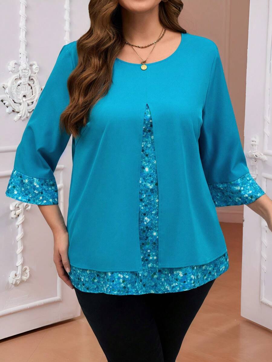 EMERY ROSE 大码女式拼接闪亮印花圆领 3/4 袖宽松衬衫，适合秋季 - 藍色 - 查看 1