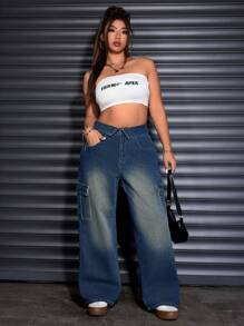 SHEIN EZwear Plus Size Front Button Pocket Simple Denim Jeans, Casual Daily Wear - Dark Wash - View 3