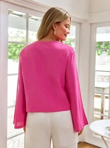 Vivid Eden Solid Color Woven Flare Long Sleeve Regular Fit Women's Vacation Shirt,Vacation Outfits For Women