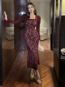 DAZY 女士中长裹身蕾丝连衣裙，春秋季优雅正式女装长袖连衣裙奢华红色女装舞会礼服新年女装情人节嘉年华 - 酒紅色 - 查看 2