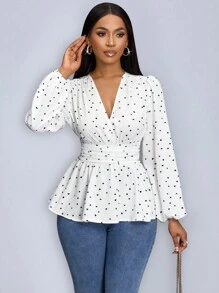 SOLERSUN Heart Print Wrap Neckline Lantern Sleeve Blouse With Ruffle Hem (Assorted Floral) Peplum Top