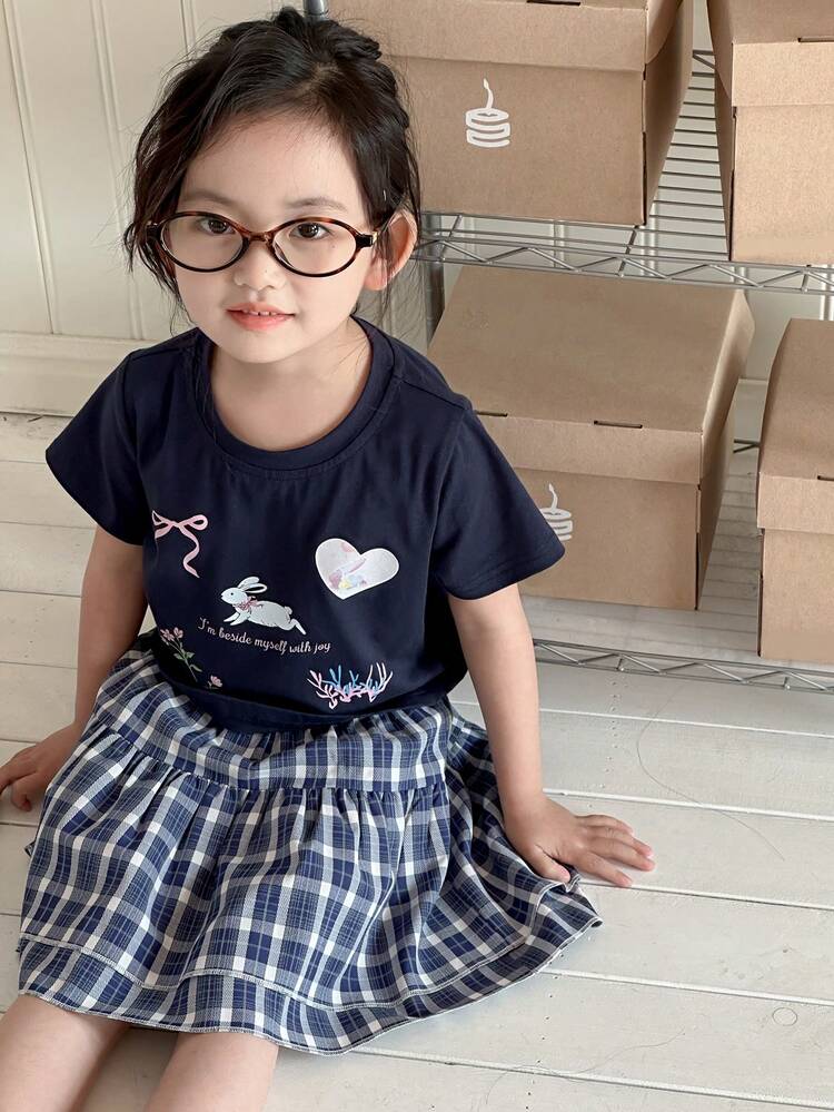 2pcs/Set Young Girl Girls Knit Print Top + Woven Plaid Skirt Outfit, Spring/Summer, (Small Child Size)