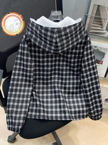 Tween Boy Casual Loose Hooded Fleece Plaid Jacket, Suitable For Commuting, School, Daily Casual, Sports, Autumn/Winter Season - Black - View 2