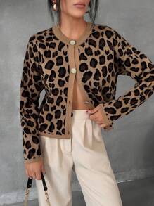 EURMUSE Women's Loose Fit Single-Breasted Leopard Print Round Neck Cardigan, Long Sleeve,Petite Cardigans,Cardigans