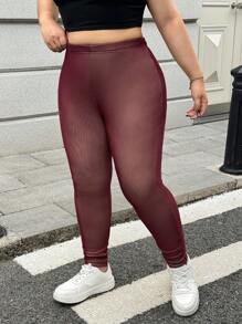SHEIN EZwear Quần legging lưới đen cỡ lớn, Thu/Đông - Màu Đỏ Sâu - Xem 6