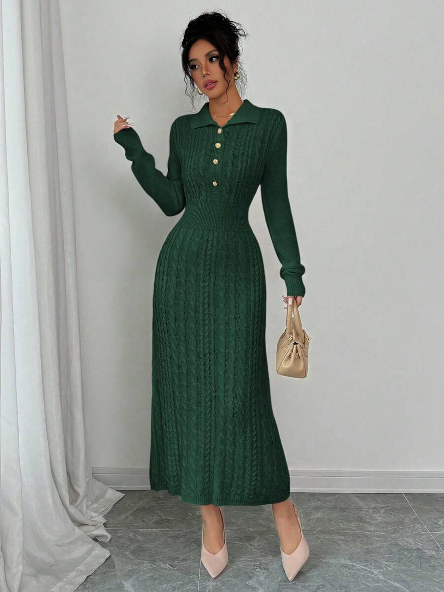 Chiquease Women's Solid Color Turtleneck Long Sleeve Metal Button Design Elegant Sweater Dress, Autumn/Winter - Dark Green - View 1