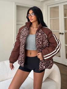 SHEIN EZwear Women's New Leopard Print Winter Jacket, Casual Simple And Fashionable For Daily Wear