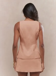 MISSGUIDED بدلة رسمية أنيقة بياقة مربعة وأزرار أمامية، تنورة قصيرة مناسبة للعمل المحترف في المكتب، مناسبة للصيف والخريف - وردي مغبر - مشاهدة 2