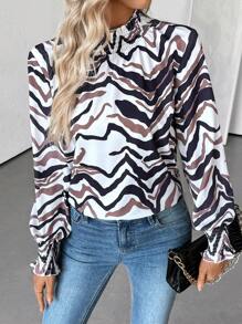 SHEIN Clasi Women's Stand Collar Long Sleeve Allover Print Minimal Casual Top, For Everyday Wear