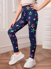 Tween Girl 舒适时尚彩色星星印花针织紧身裤，Tween - 藏蓝色 - 查看 6