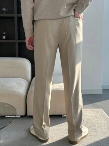 DAZY Men's Solid Color Straight Leg Pleated Pockets Loose Casual Suit Pants - Beige - View 2