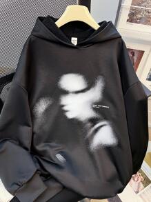 SHEIN Leap Crew Teen Girls Casual Portrait & Letter Graphic Oversized Sweatshirt, Suitable For Autumn/Winter, Street Style, Back-To-School - Black - View 3