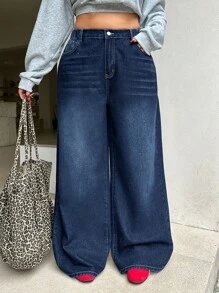 Dripcurv Plus Size Casual Loose Straight Leg Blue Boyfriend Jeans, Fall Women Clothes - Medium Wash - View 6