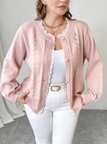 SHEIN Clasi Celure Plus Size Women Solid Color Lace Loose Casual Cardigan, Autumn/Winter Fall Cloth For Women,Ladies' Knitted Coat, Christmas, Red, Party,Winter,Summer,Spring/FallValentine's Day - Pink - View 1