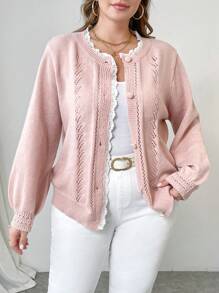 SHEIN Clasi Celure Plus Size Women Solid Color Lace Loose Casual Cardigan, Autumn/Winter Fall Cloth For Women,Ladies' Knitted Coat, Christmas, Red, Party,Winter,Summer,Spring/FallValentine's Day - Pink - View 7