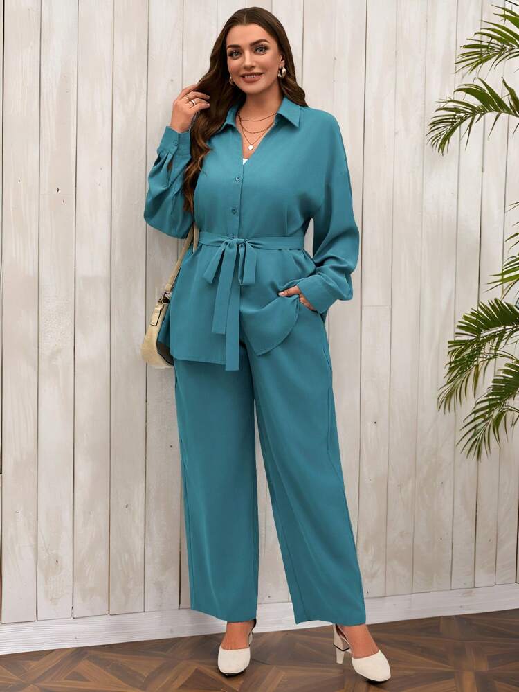 Conjunto de dos piezas talla grande para mujer de camisa de manga larga azul casual y pantalón largo, ropa de invierno para mujer