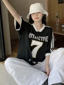 DAZY 女士休闲撞色条纹字母数字印花 V 领短袖 T 恤超大 T 恤