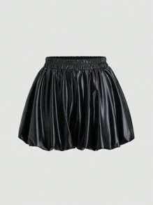 SHEIN Unity Women's Solid Color Minimalist Pleated Ruffle PU Leather Shorts, Casual Daily Wear - Black - View 1