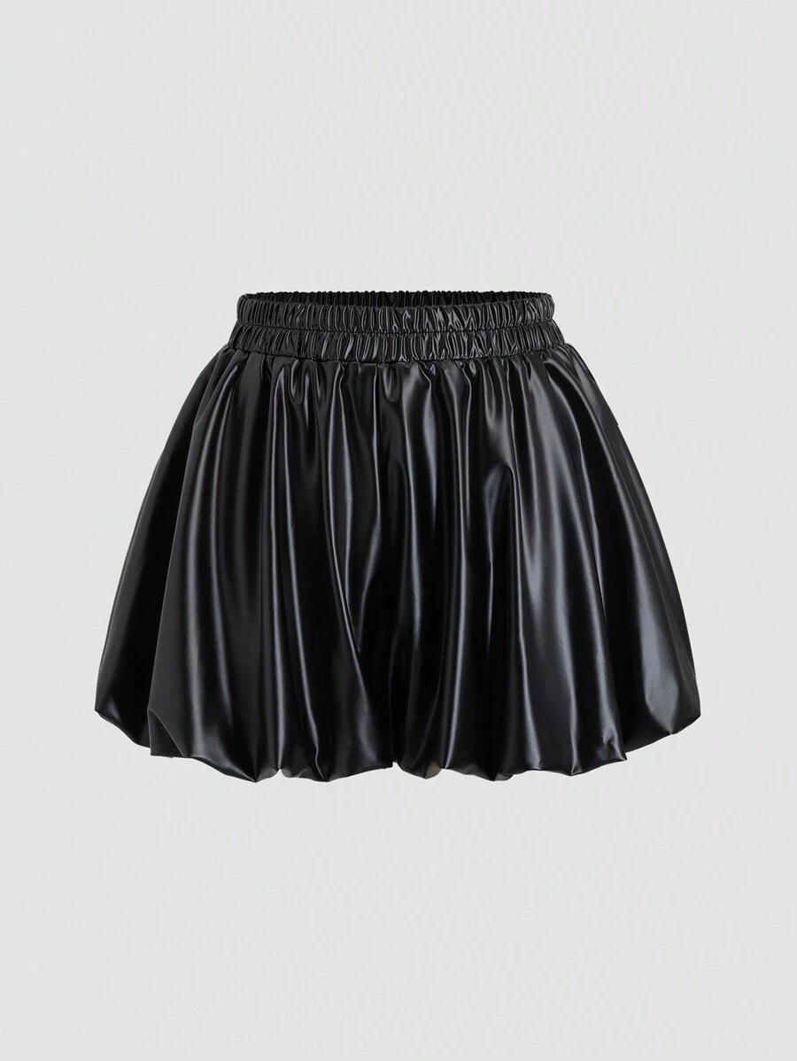 SHEIN Unity Women's Solid Color Minimalist Pleated Ruffle PU Leather Shorts, Casual Daily Wear - Black - View 1